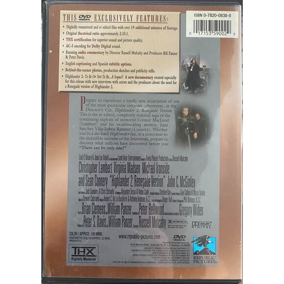 Highlander 2: The Quickening (DVD, 2001, Renegade Version Directors Cut) Film - Picture 2 of 2